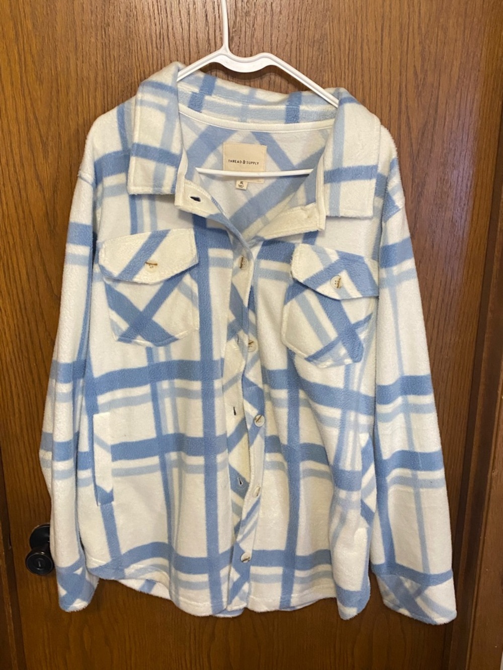 Thread & Supply Sky Blue and White Plaid Fleece Shacket